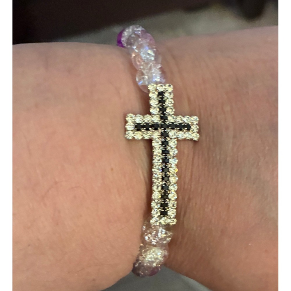 Handmade Purple Pink Crackle Glass Bead Cross Rhinestone Stretch Bracelet